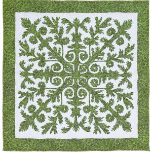 Green & White Hawaiian design finished wall quilt – Hand applique w/ rod pocket