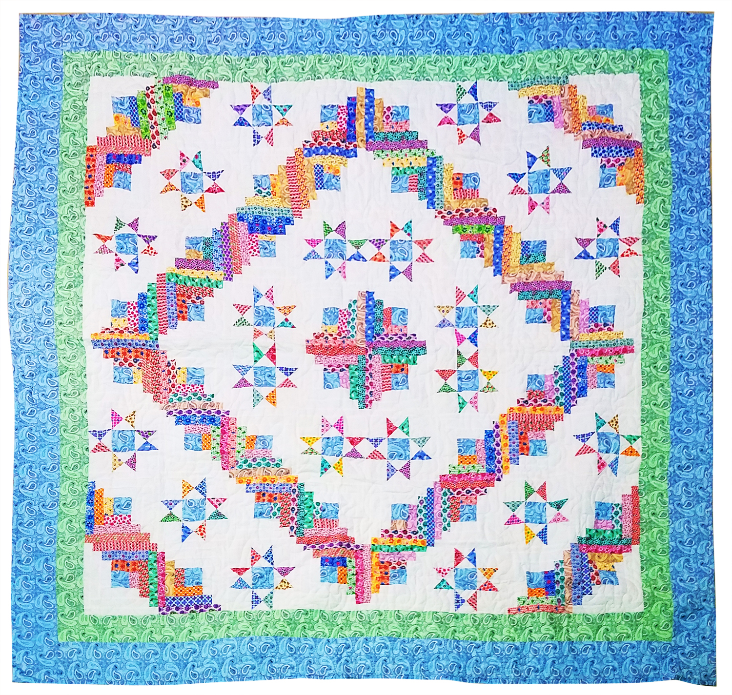 Patchwork Log Cabin Star with Ohio Stars FINISHED QUILT Scrap quilt Queen Size